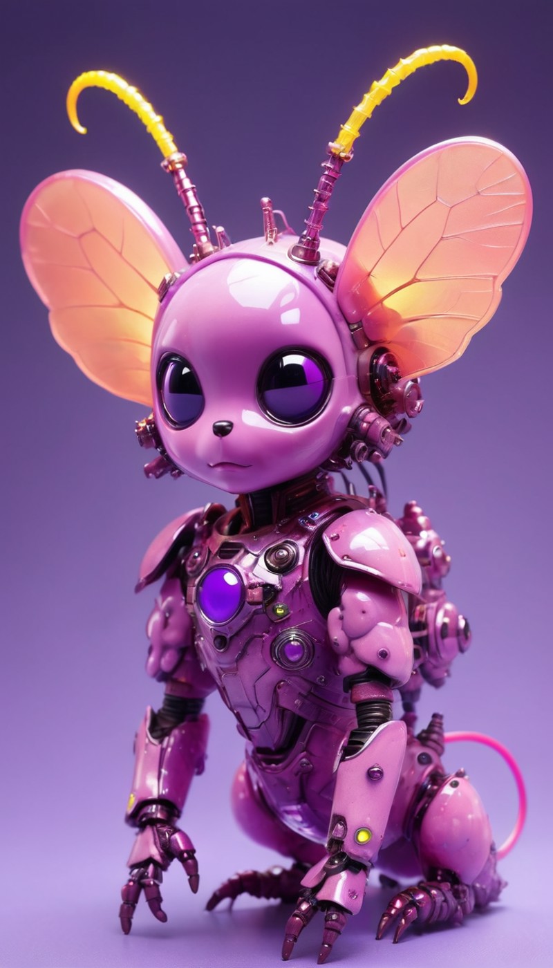 1girl, fur pink with super fluffy face and covered in purple insect-like armor, electrified ant antennae, violet and purpl...